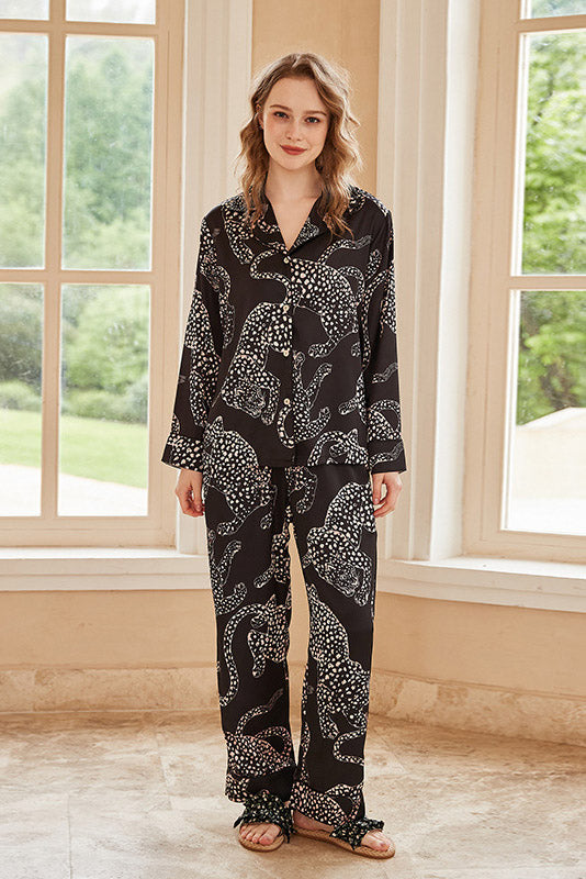 Coordinated Black Jaguar Print Long-Sleeve Pajama Set