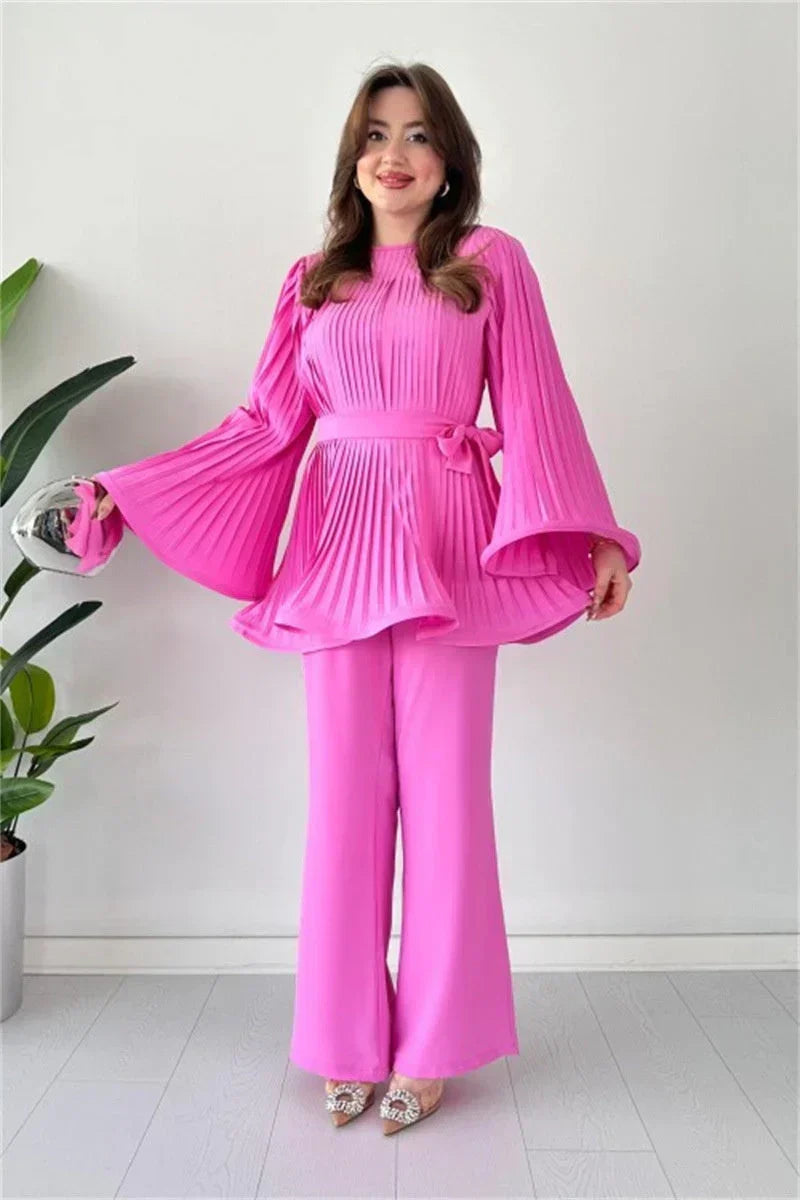 Women's Pleated Long-Sleeve Tunic and Wide-Leg Trousers Set with Tie Waist – Elegant Two-Piece Outfit for Smart Casual Occasions
