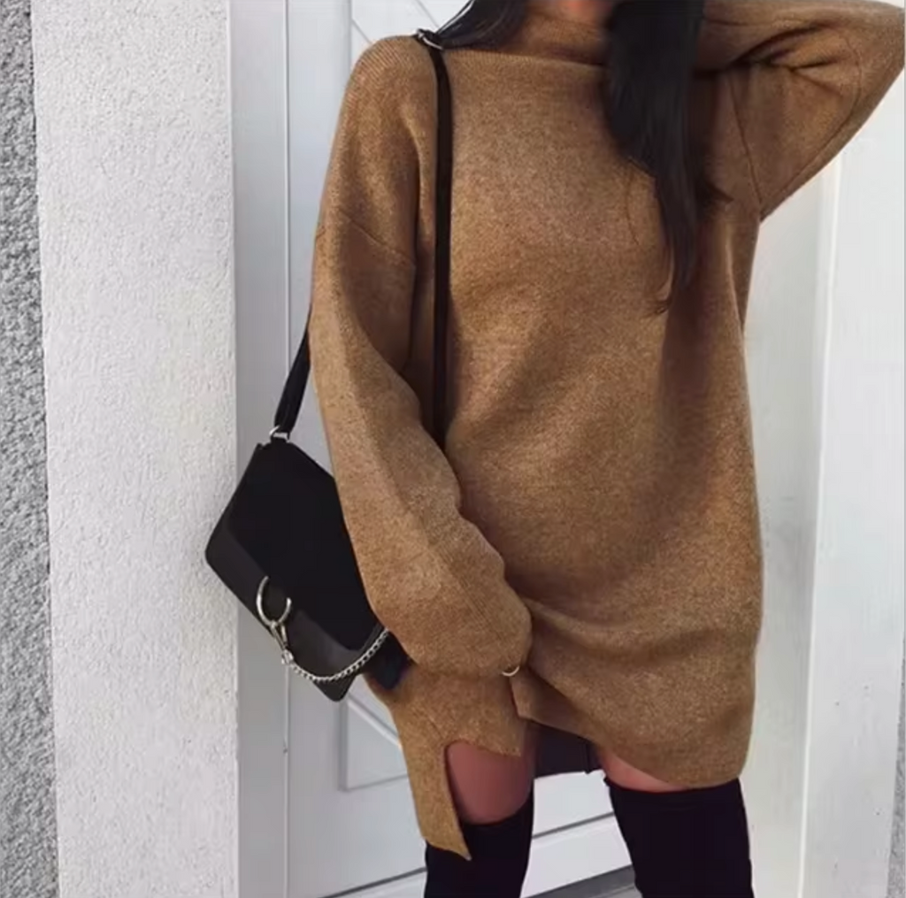 Women's Wool and Cashmere Blend Oversized Sweater Dress – Soft Long Sleeve High Neck Knitted Mini Dress for Autumn and Winter
