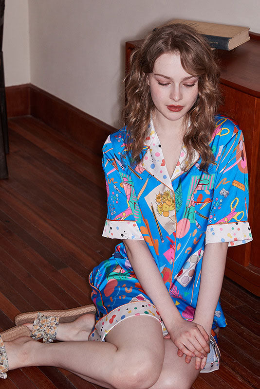 Stationery Print Relaxed Short-Sleeve Loungewear Set Blue
