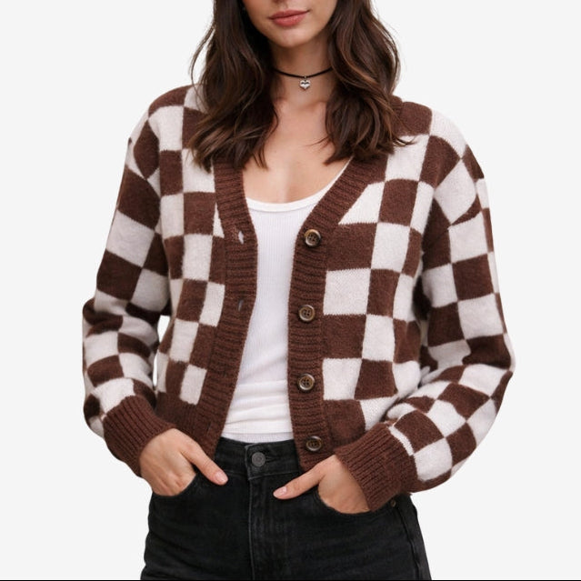 Women’s Checked Knit Cardigan with V-Neck Button Front – Soft Relaxed Layer for Autumn and Winter