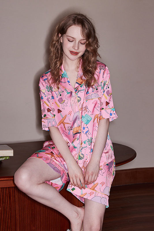 Coordinated Elephant and Furniture Print Short-Sleeve Loungewear Set