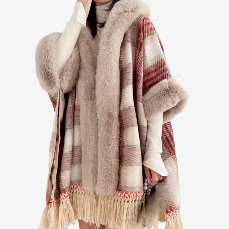 Women’s Open Front Cape Coat with Plush Faux Fur Trim and Fringed Hem – Elegant Relaxed Winter Outerwear
