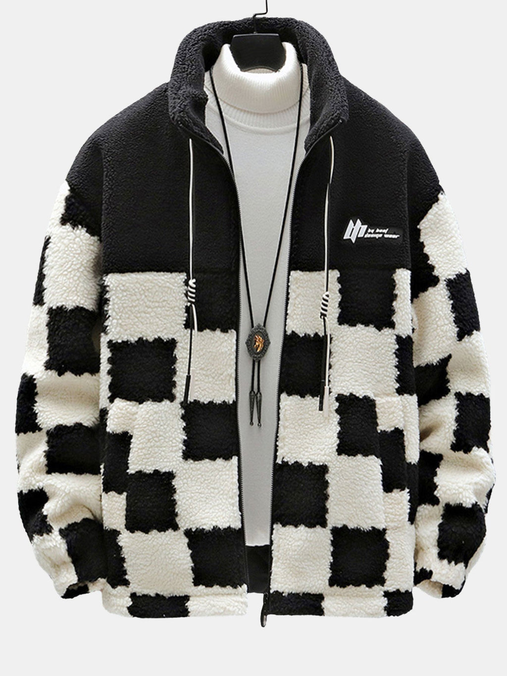 Men's Printed Teddy Fleece Jacket with High Collar – Soft Relaxed Fit Zip-Up Outerwear for Autumn and Winter