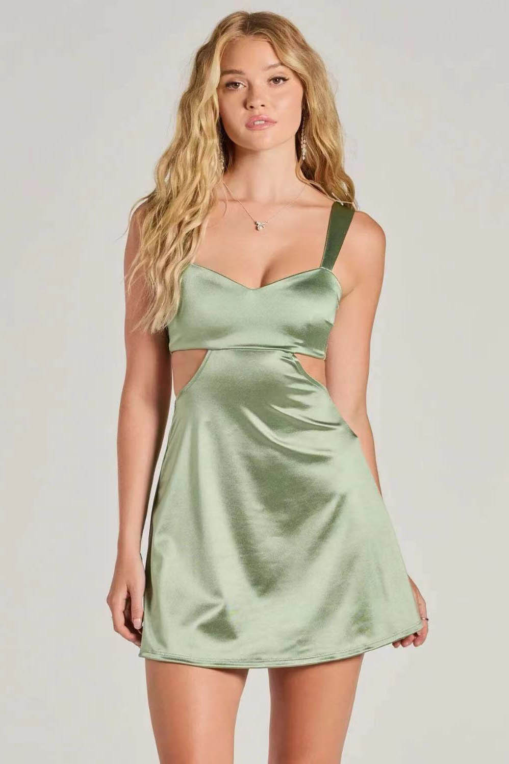 Soft Glow Satin Fitted Mini-Length Dress