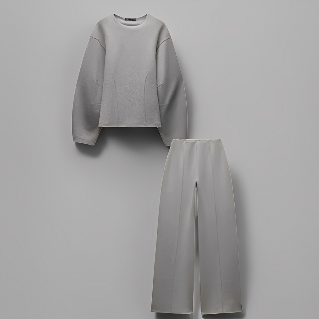 Women's Puff Sleeve Fitted Waist Top and Trousers Set – Elegant Structured Two-Piece Outfit for Smart Casual Occasions