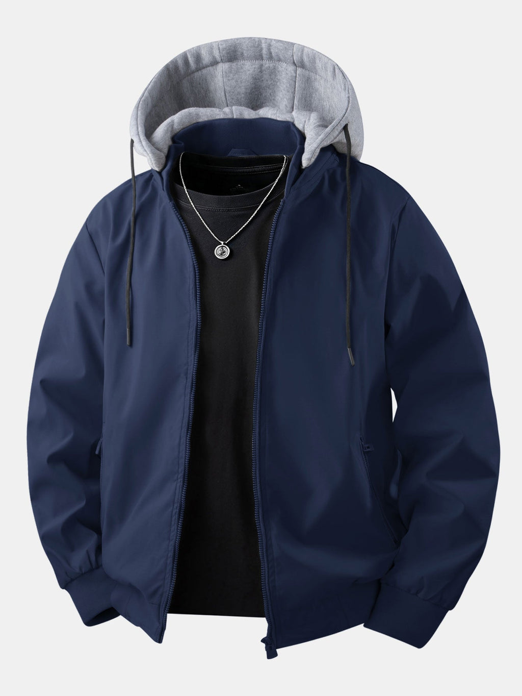Men's Relaxed Hooded Bomber Jacket – Detachable Drawstring Hood with Zip-Up Front and Ribbed Trims for Casual Autumn Wear
