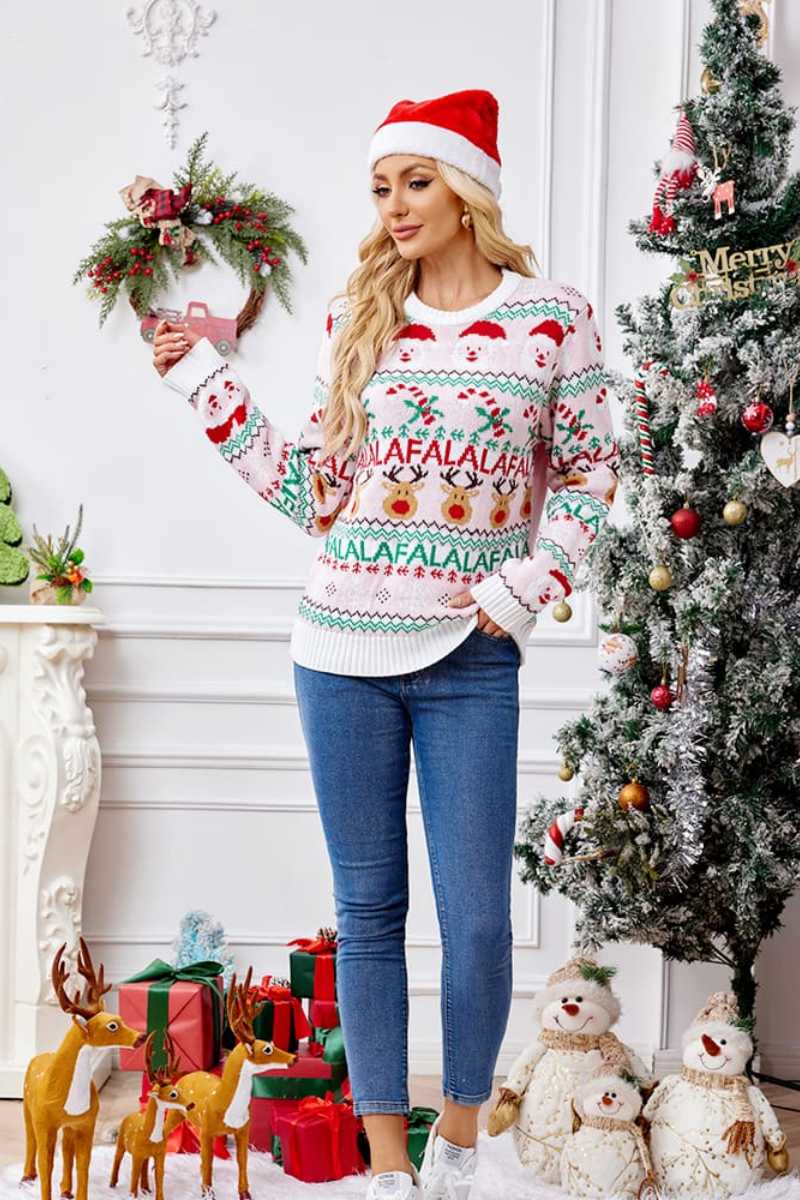 Loose-Fit Crew Neck Christmas Cartoon Knit Sweater Pink