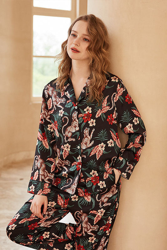Jaguar and Flower Print Ice Silk Long-Sleeve Loungewear Set