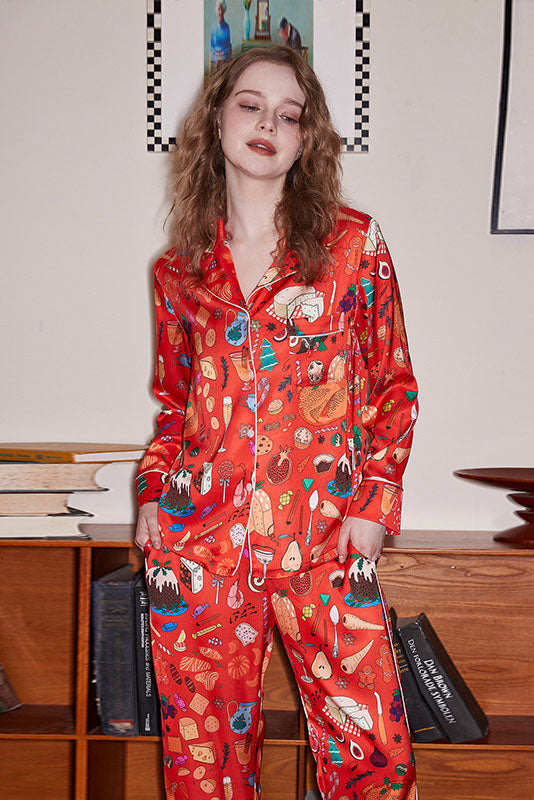 Coordinated Dessert Print Long Sleeve Ice Silk Loungewear Set