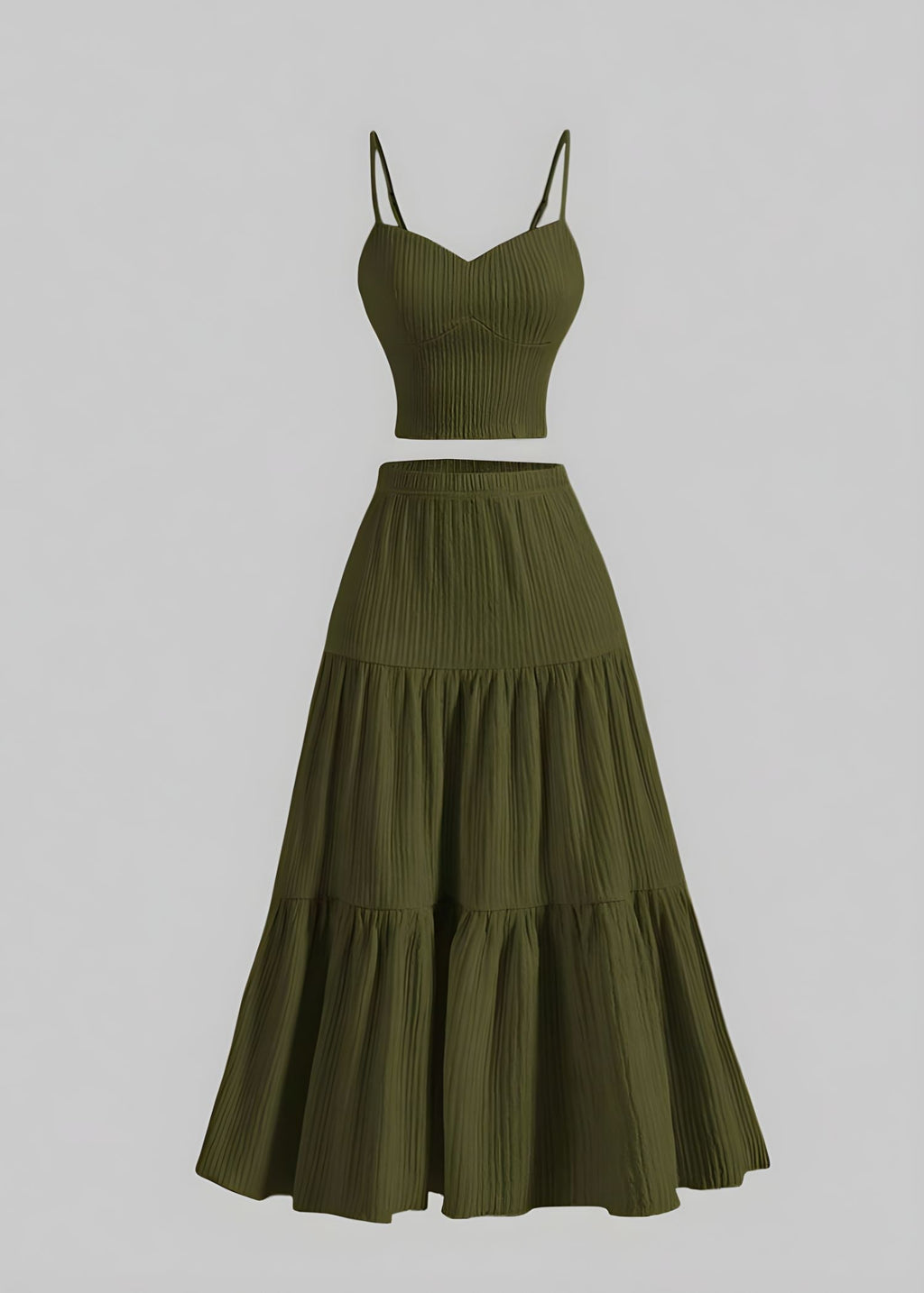 Women's Textured Knit Two-Piece Summer Set – Fitted Strappy Crop Top and Tiered High Waisted Maxi Skirt for Casual Holiday Wear