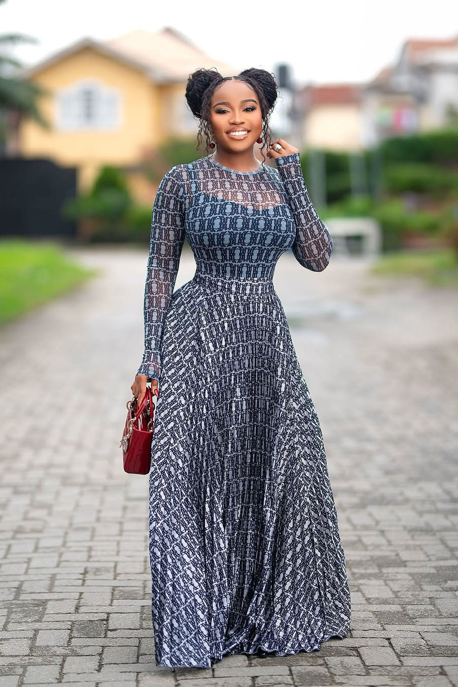 Gradient Chain-Pattern Sheer Mesh Fitted Maxi-Length Dress