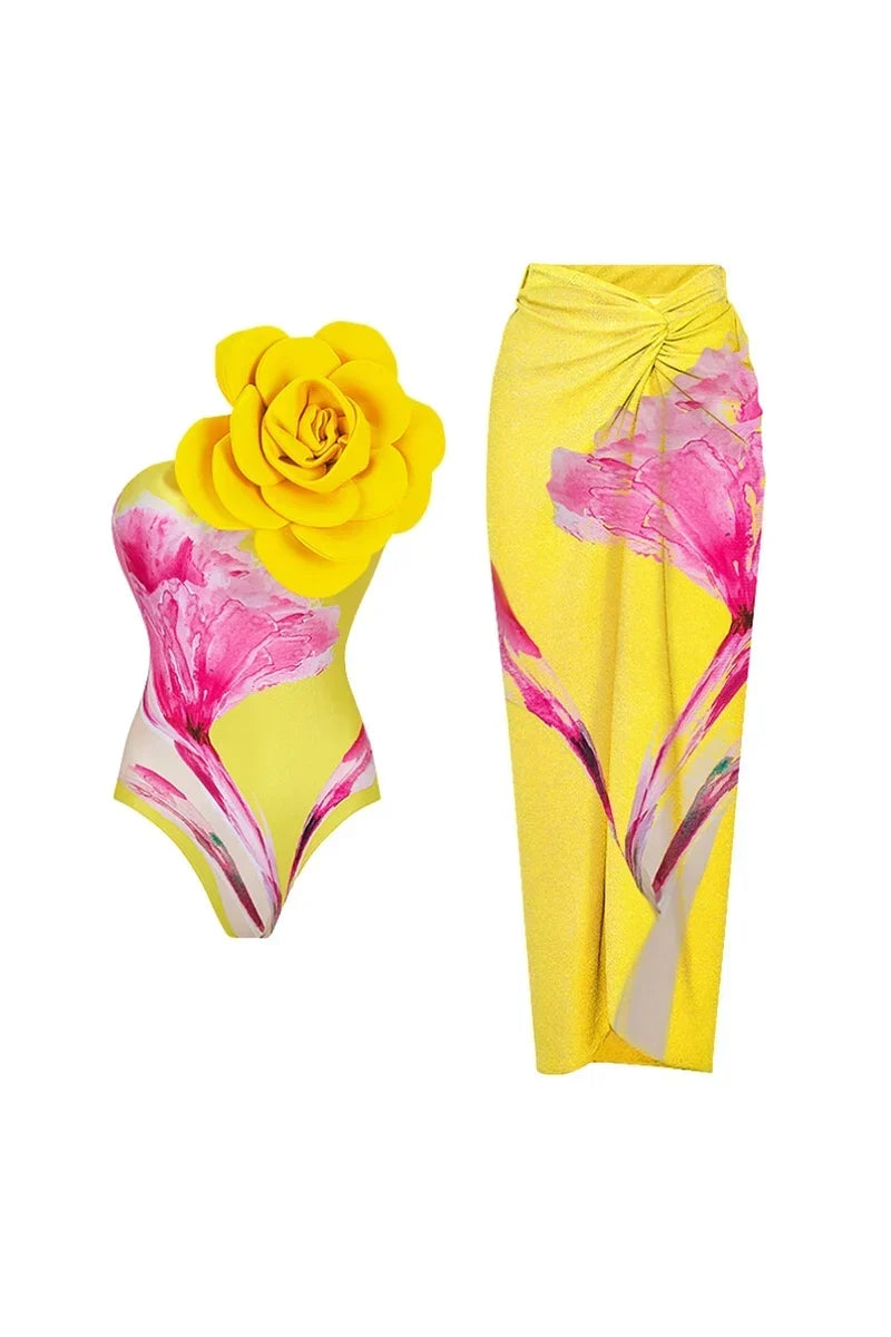 Flower Print Swimsuit with 3D Flower Detail