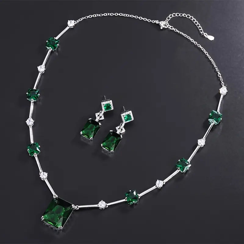 Veralyn Silver Necklace and Earrings Set with Green Crystals