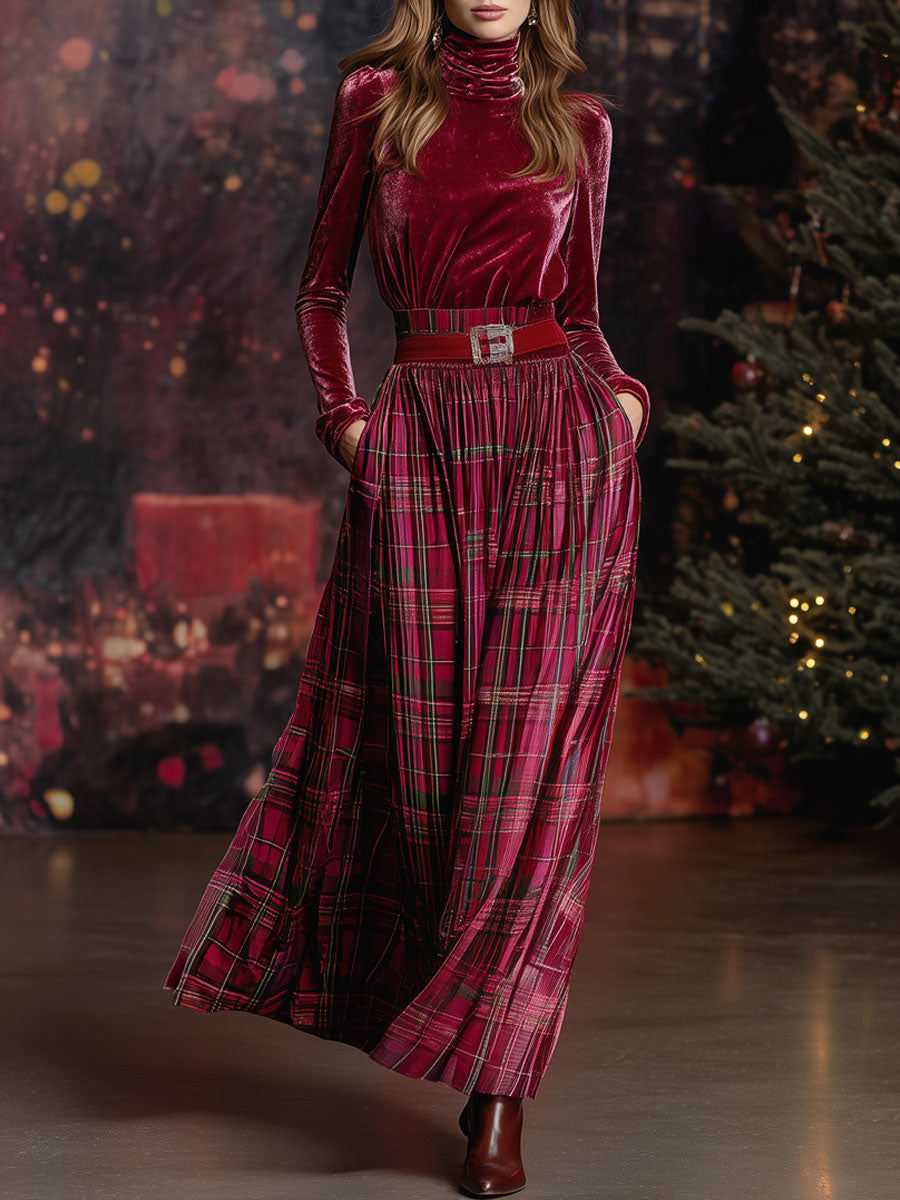 Coordinated Festive Retro Red Velvet Turtleneck Plaid Skirt Set