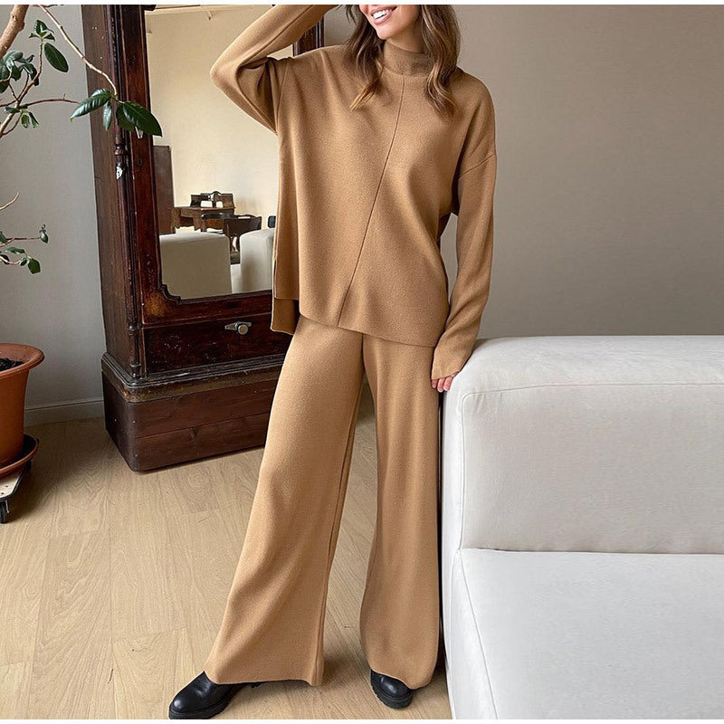 Women's Soft Knit Two-Piece Loungewear Set – Relaxed Turtleneck Jumper and Wide Leg Trousers for Autumn and Winter