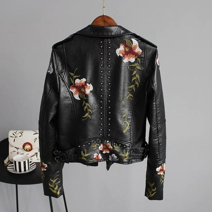 Modern Leather Jacket with Floral Embroidery