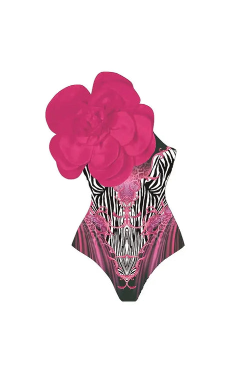 3D Fuchsia Flower Bust Decor Patterned Swimsuit