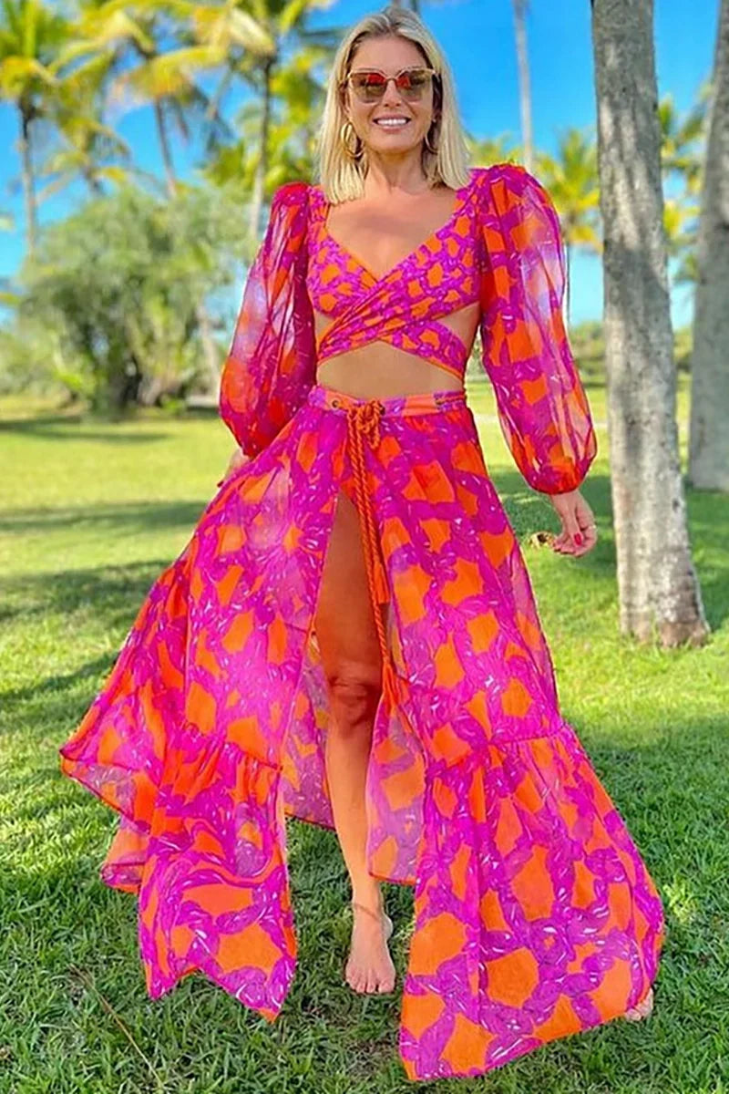 Long-Sleeve Tie-Up Patterned Swimwear Set