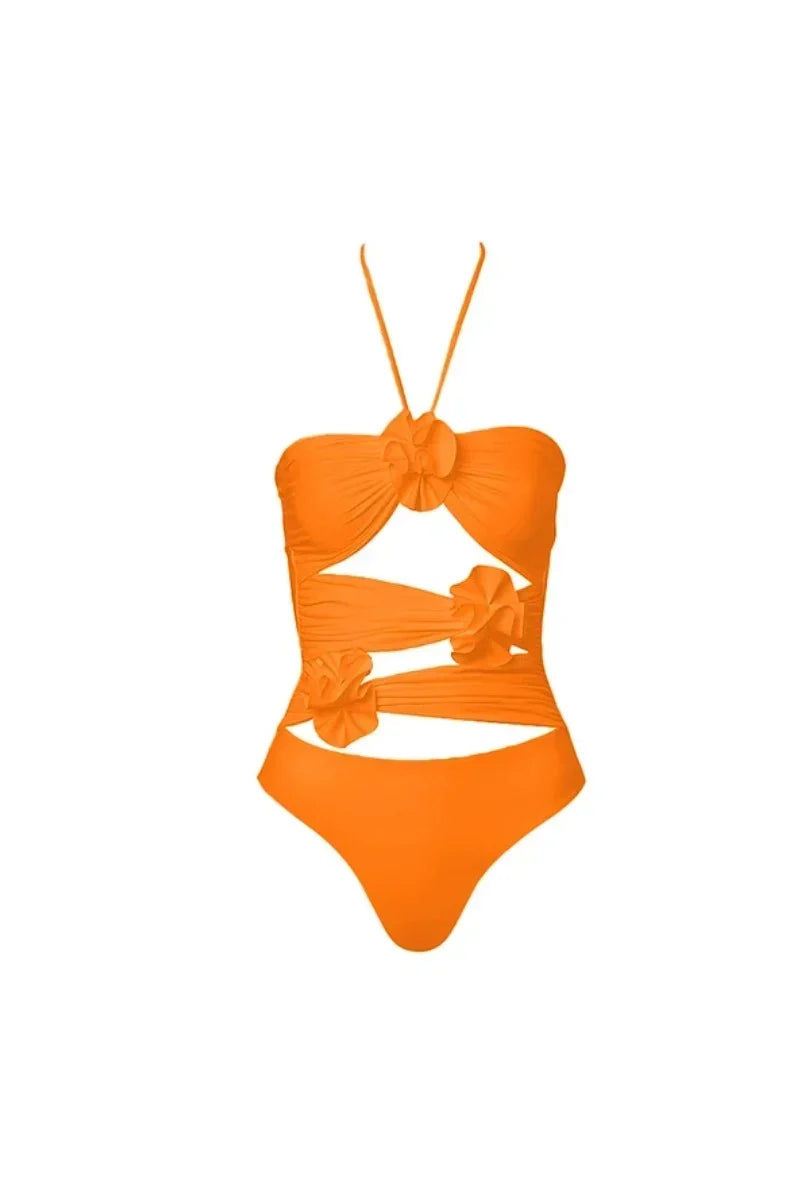 Halter 3D Flower Open-Back One Piece Swimsuit