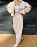 Women’s Zip-Up Hoodie and Jogger Set with Contrast Piping – Relaxed Sweatshirt Fabric for Everyday Comfort