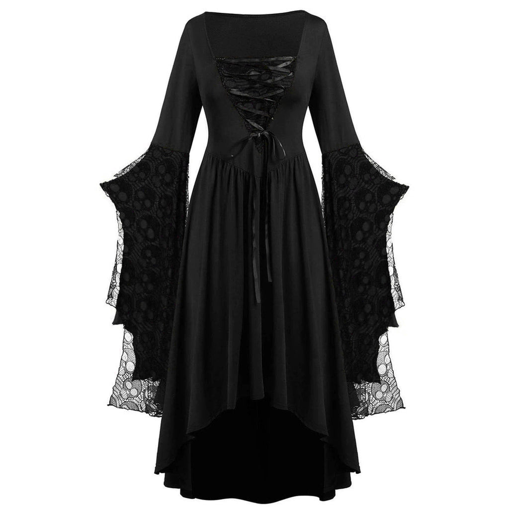 Women's Lace Sleeve High-Low Maxi Dress – Square Neck Lace Up Evening Dress for Themed Parties and Special Occasions