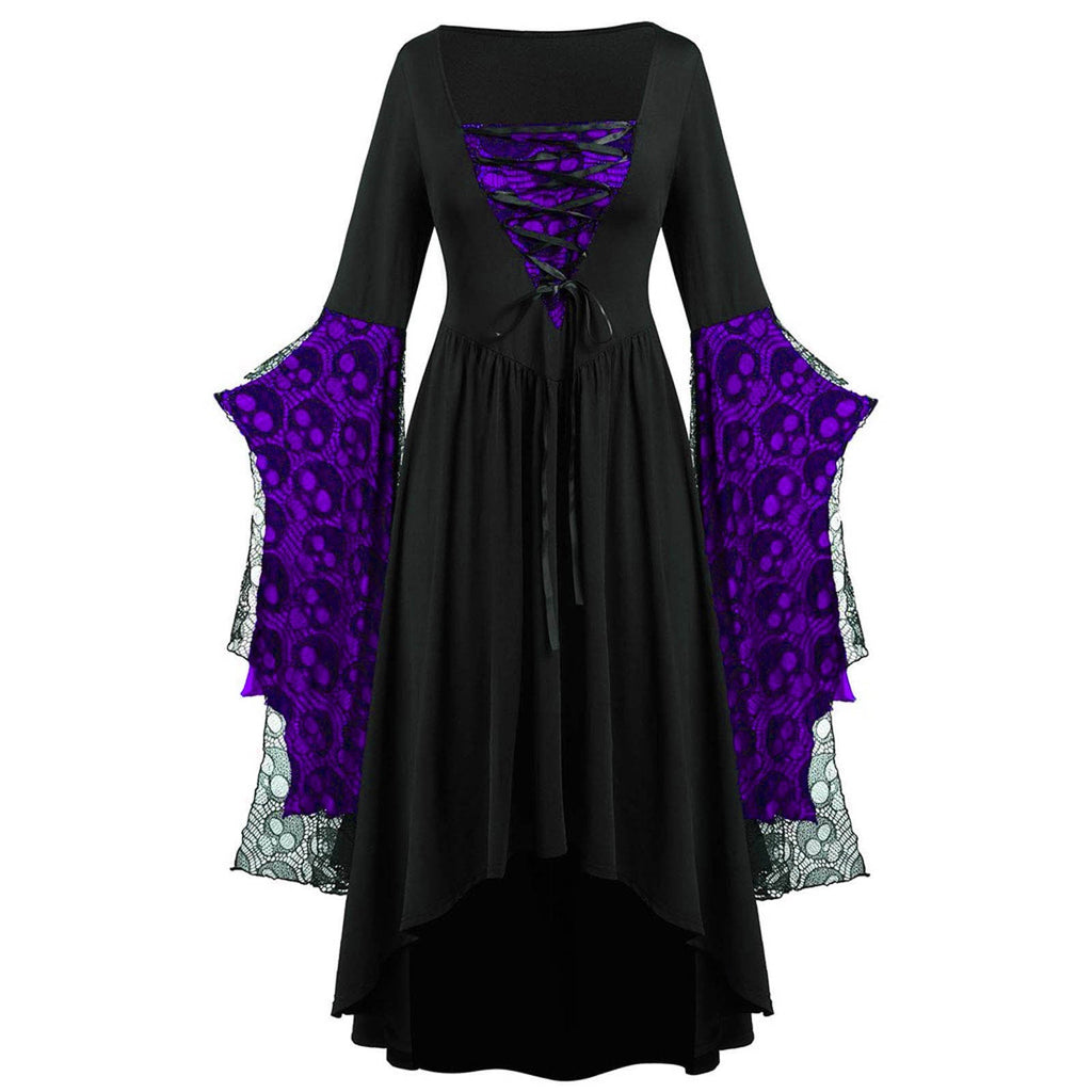 Women's Lace Sleeve High-Low Maxi Dress – Square Neck Lace Up Evening Dress for Themed Parties and Special Occasions