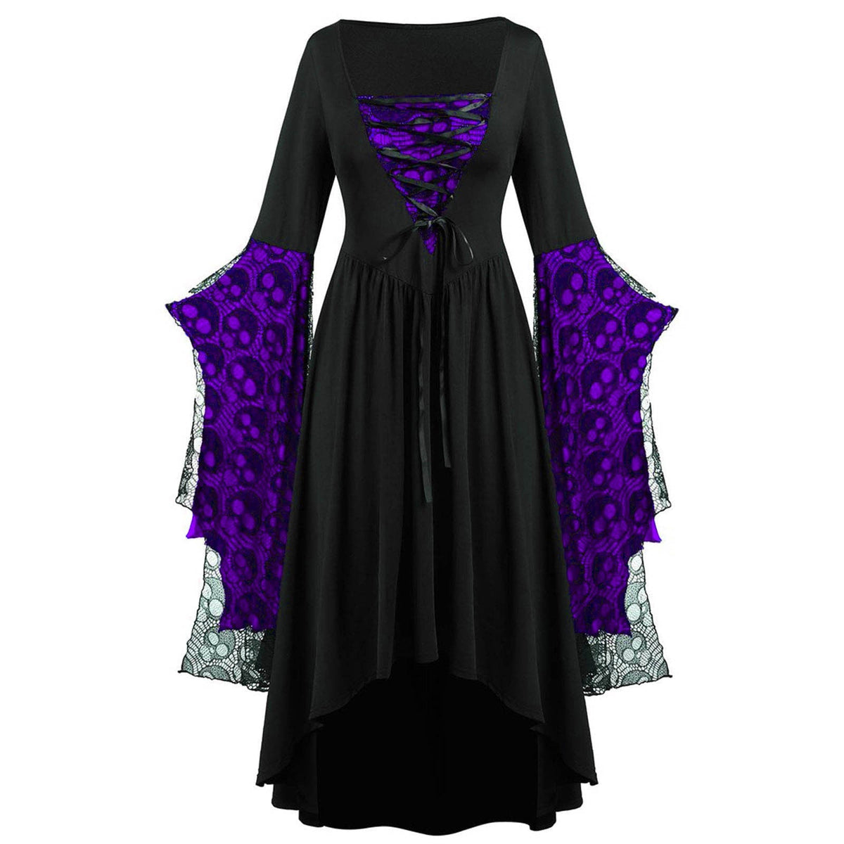Women's Lace Sleeve High-Low Maxi Dress – Square Neck Lace Up Evening Dress for Themed Parties and Special Occasions