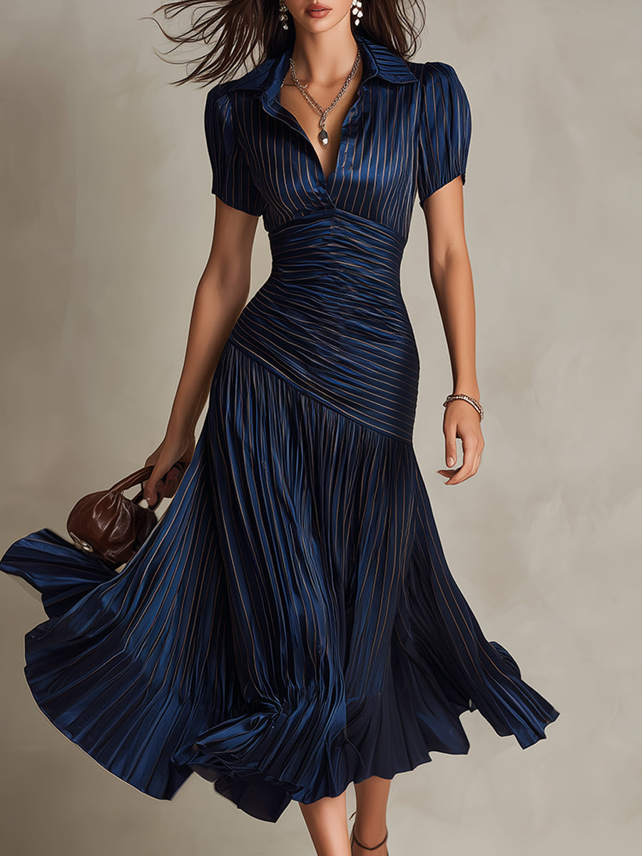 Georgia - Retro Striped Satin Midi Dress