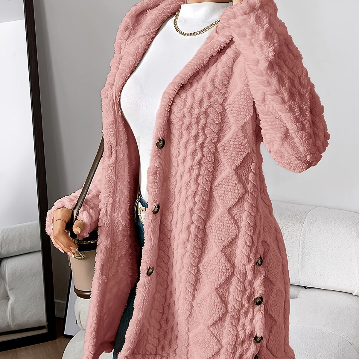 Women’s Longline Textured Knit Cardigan with Button Front – Relaxed Warm Layer for Autumn and Winter