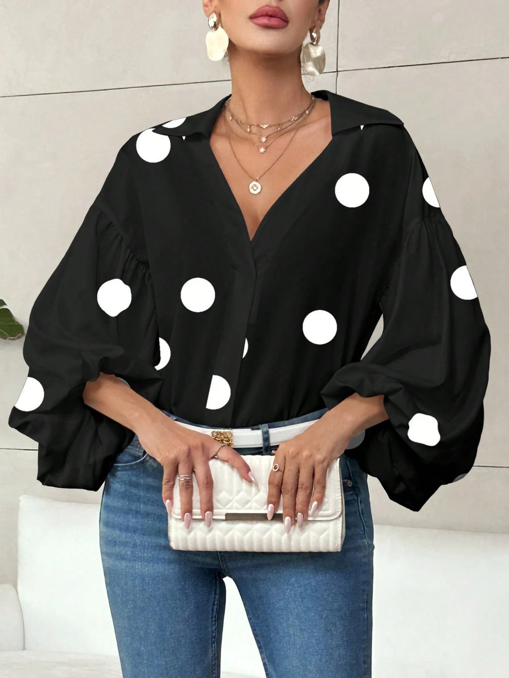 Women's Elegant Printed V Neck Blouse with Balloon Sleeves – Relaxed Lightweight Style for Office and Smart Casual Wear