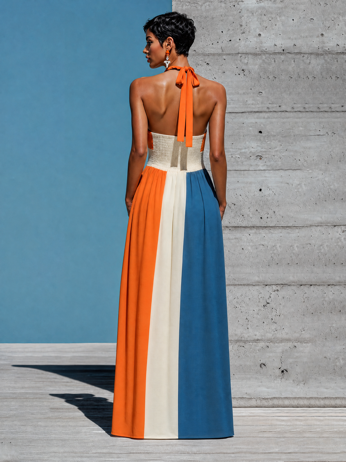 Women’s Orange White Blue Color Block Sleeveless Backless Halter Keyhole Strapless Smocked Bodice Pleated Maxi Dress