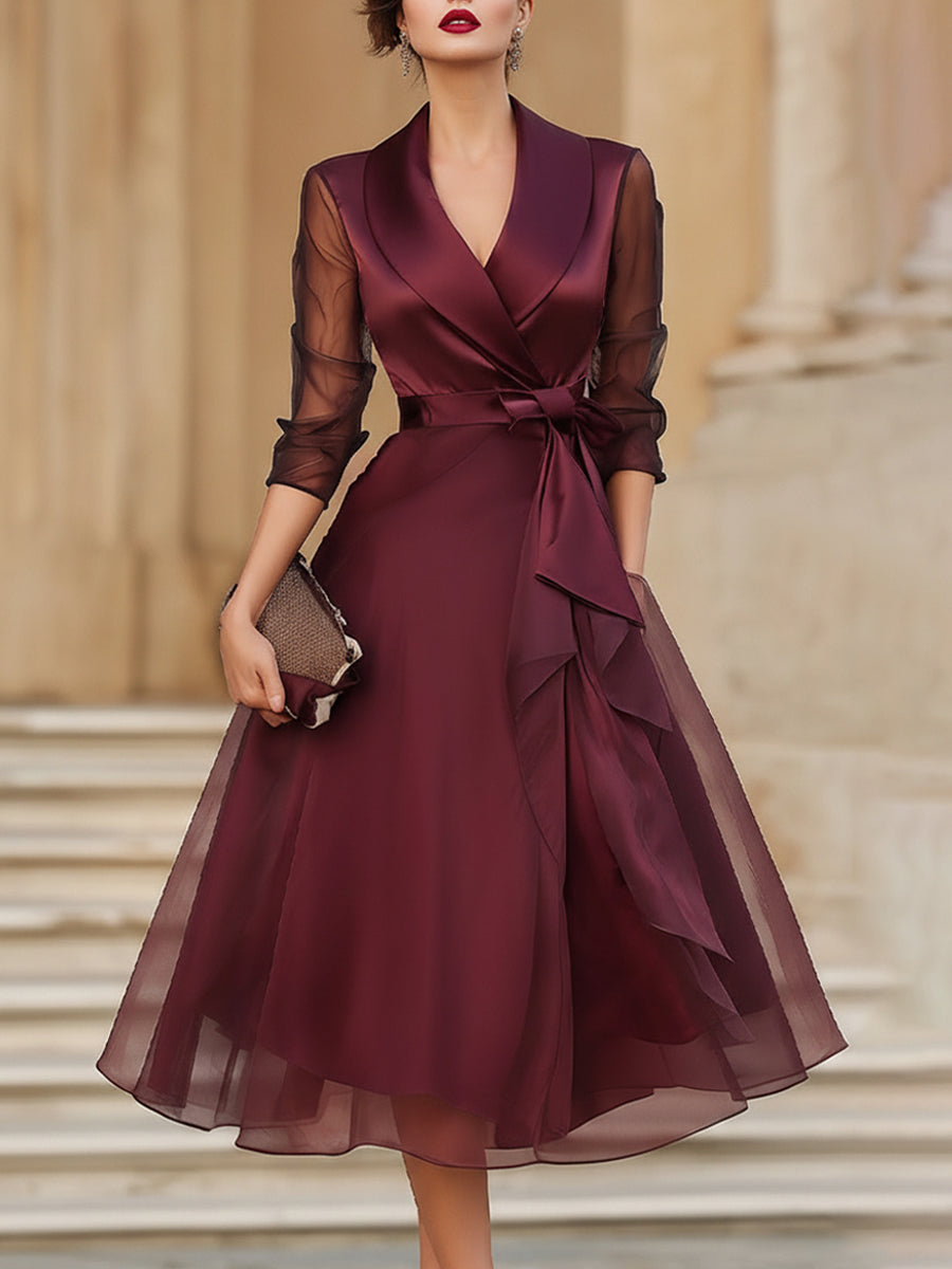 Veda | Elegant Long Sleeve Wrap Midi Dress With Sheer Sleeves