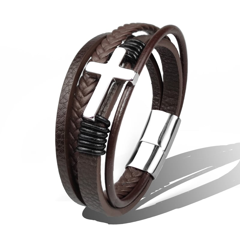 Men's Braided Leather Bracelet with Stainless Steel Cross - Sentinel