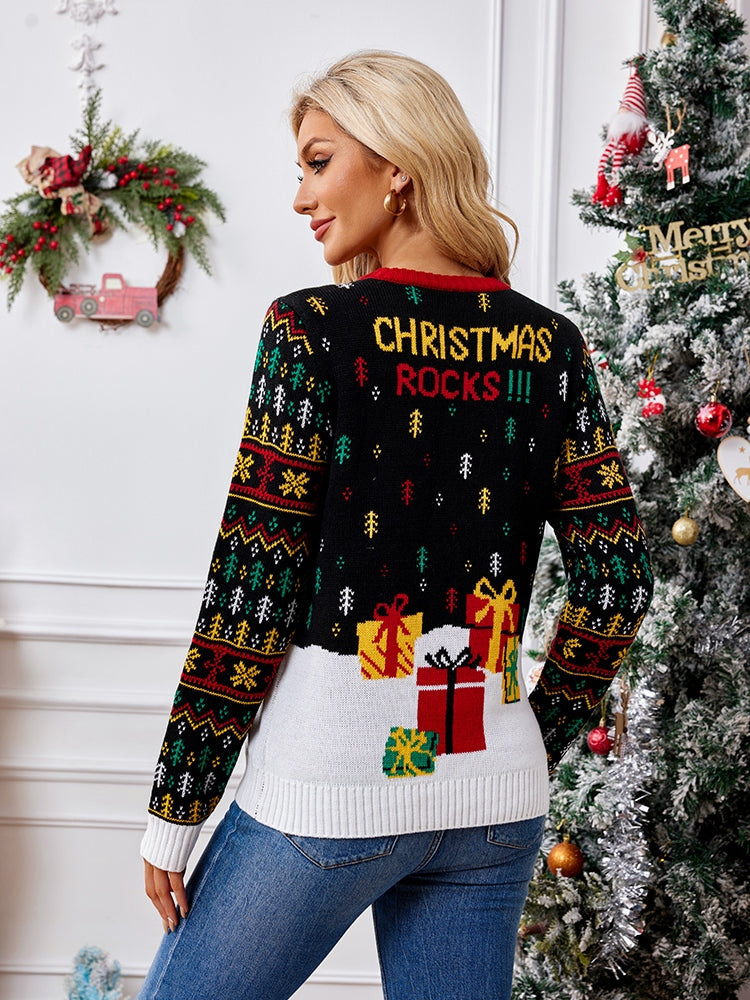 Knit Crew Neck Embroidered Knit Sweater Santa Claus & Musical Notes