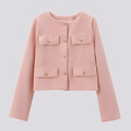 Women’s Cropped Collarless Jacket with Decorative Buttons and Flap Pockets – Elegant Tailored Layer for Smart Casual Wear