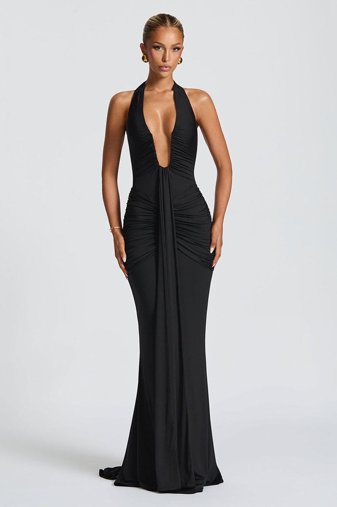 Halter Deep V Mermaid Maxi-Length Dress