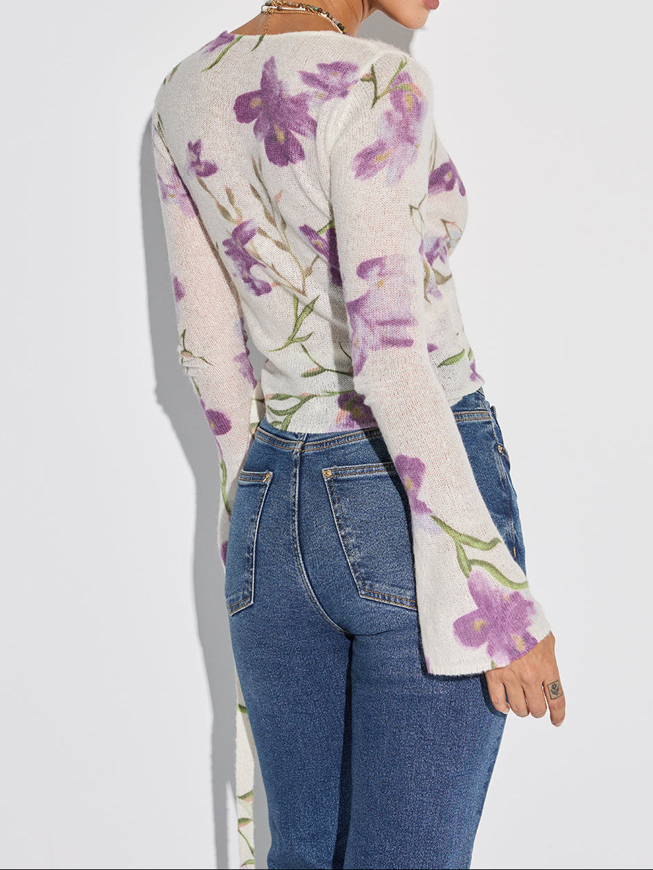 Women's Elegant Printed Wrap Knit Blouse with V Neck and Side Tie – Fitted Long Sleeve Top for Spring and Summer Smart Casual Wear