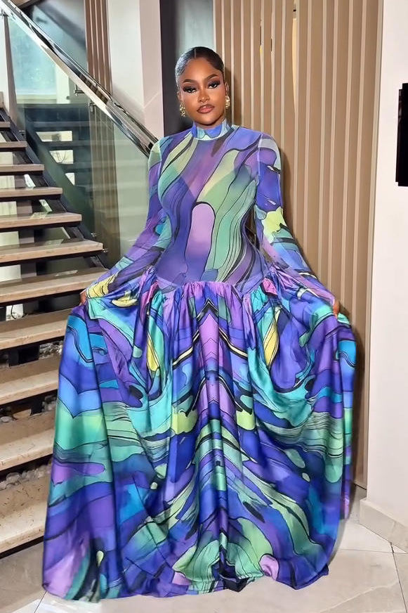 Blue Art-Paint Inspired Maxi-Length Dress