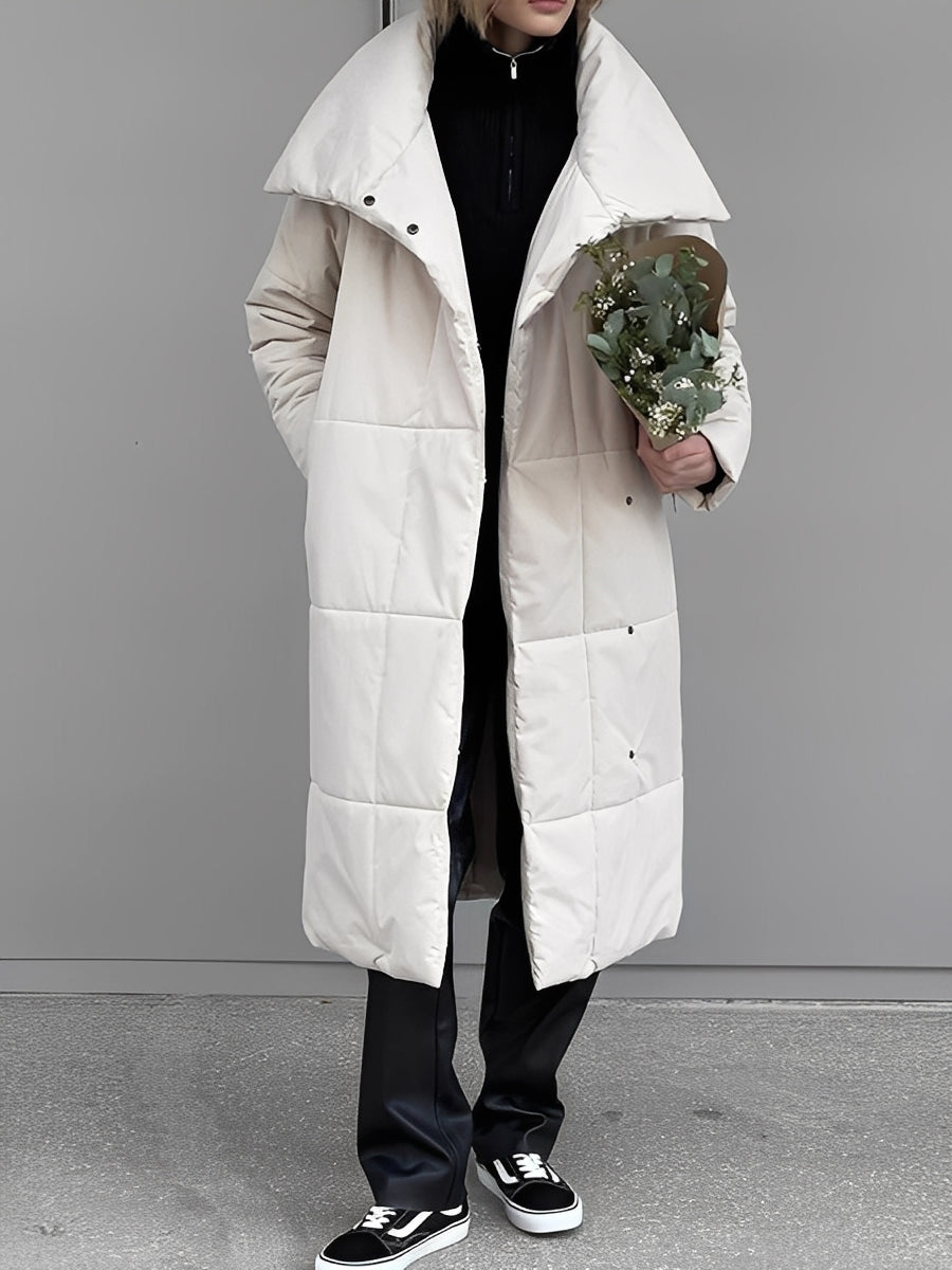 Women’s Longline Quilted Puffer Winter Coat with Oversized Shawl Collar – Warm Relaxed Padded Outerwear for Cold Weather