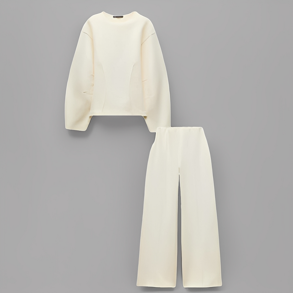 Women's Puff Sleeve Fitted Waist Top and Trousers Set – Elegant Structured Two-Piece Outfit for Smart Casual Occasions