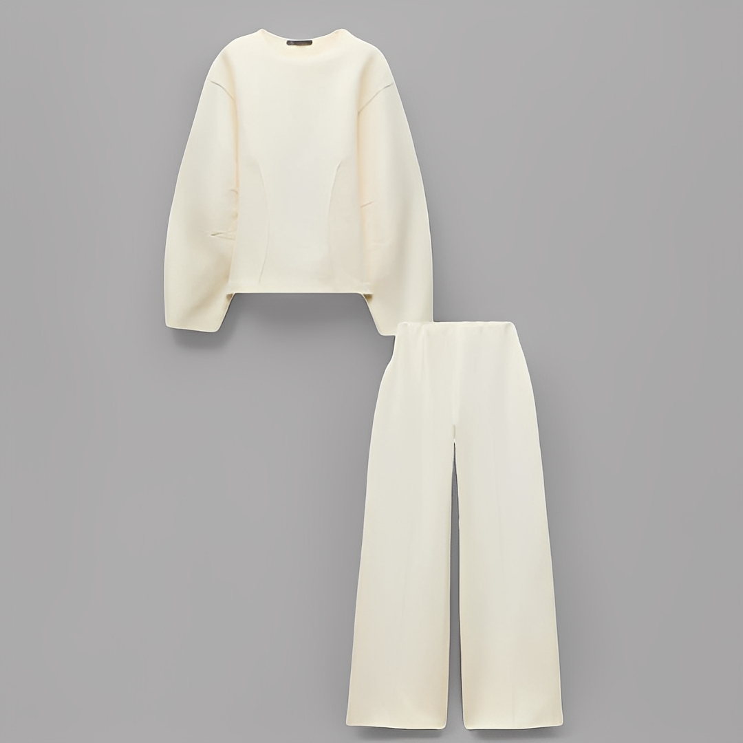 Women's Puff Sleeve Fitted Waist Top and Trousers Set – Elegant Structured Two-Piece Outfit for Smart Casual Occasions