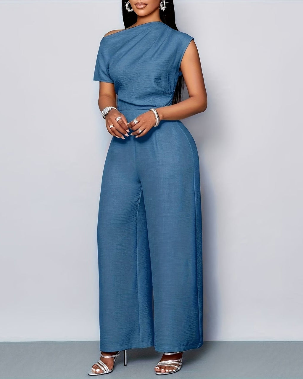 Women's Asymmetric One-Shoulder Wide-Leg Jumpsuit with Defined Waist – Elegant Casual Style for Summer and Evening Wear