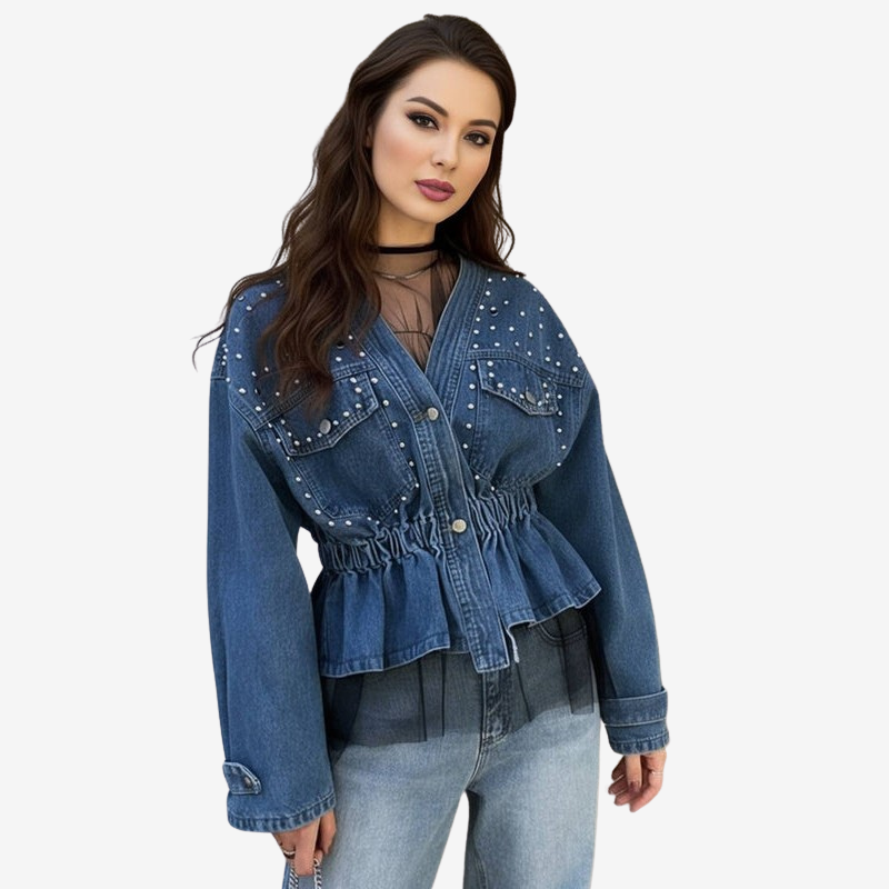Women’s Studded Denim Peplum Jacket with Button Front and Gathered Waist – Elegant Casual Outerwear for Spring and Autumn