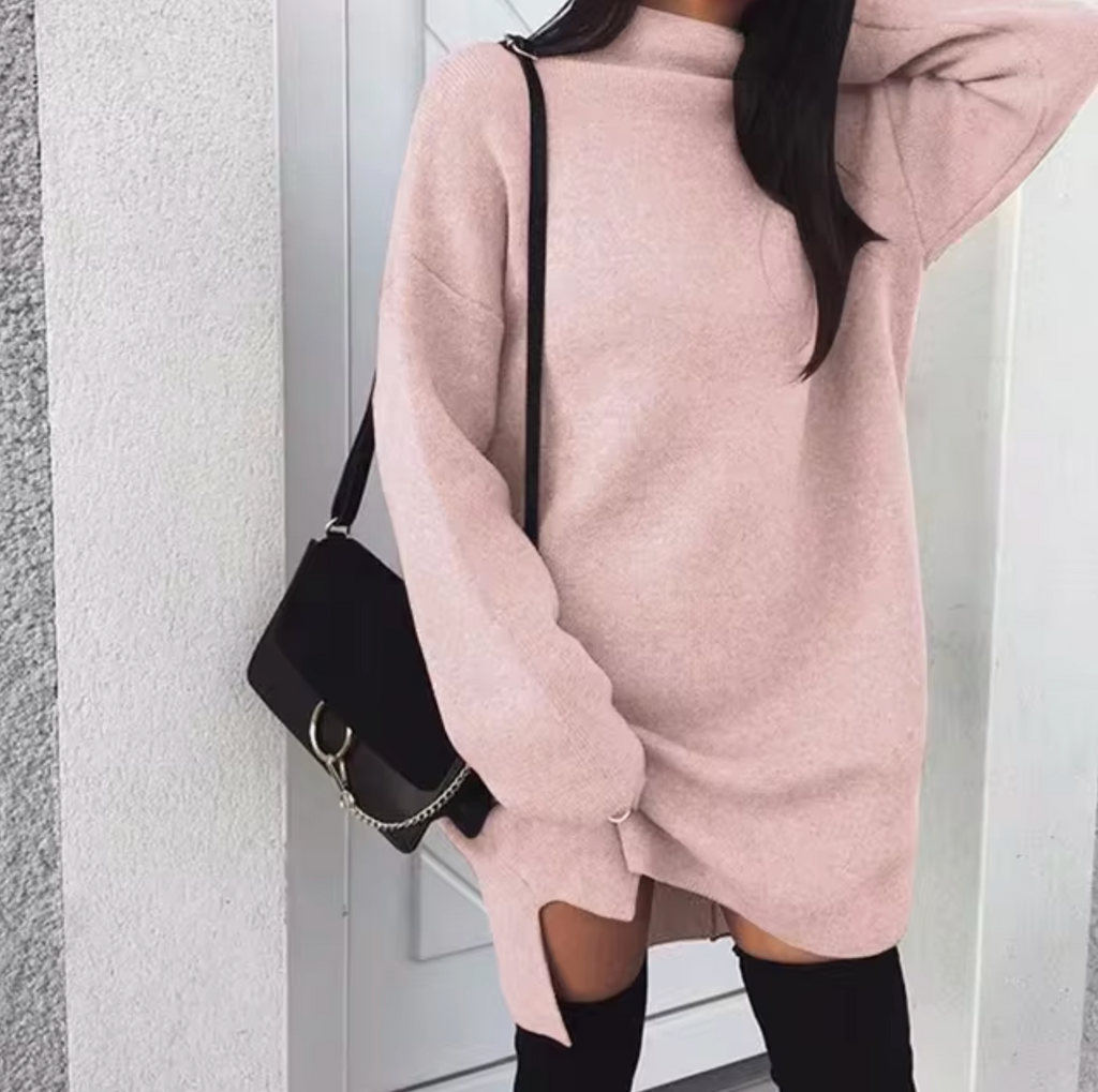 Women's Wool and Cashmere Blend Oversized Sweater Dress – Soft Long Sleeve High Neck Knitted Mini Dress for Autumn and Winter