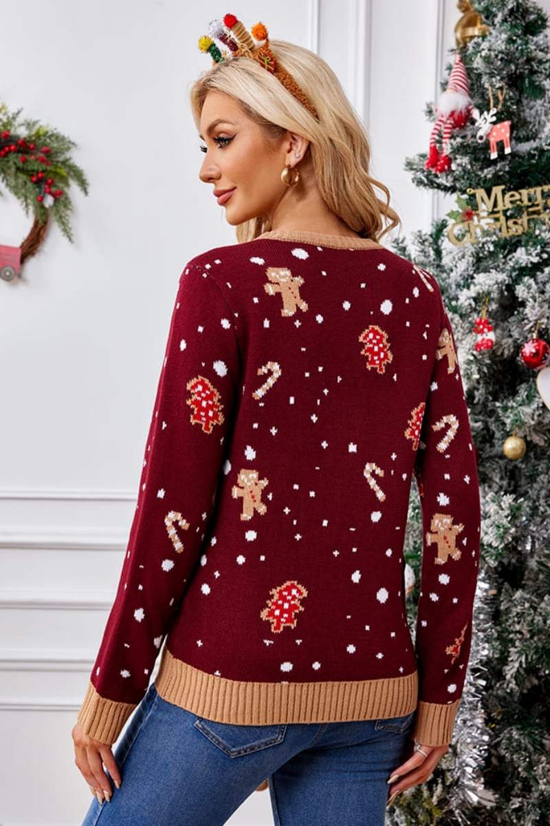 Relaxed Crew Neck Embroidered Knit Sweater Gingerbread Man