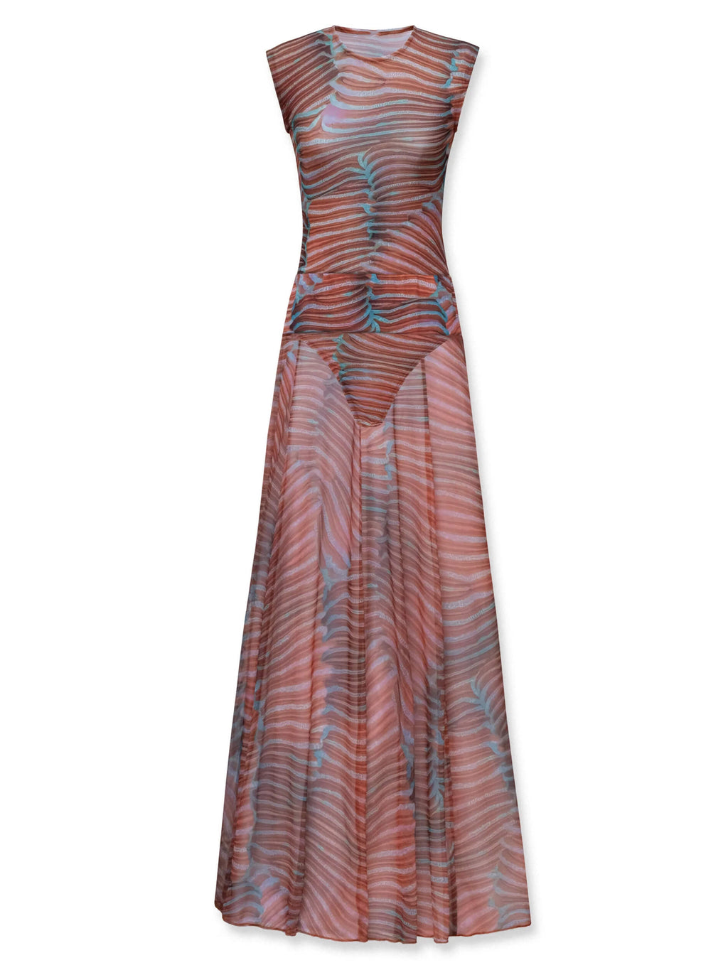 Women's Printed Mesh Two-Piece Maxi Skirt Set – Sleeveless Fitted Round Neck Top and Flowing Long Skirt for Elegant Summer Evening Wear