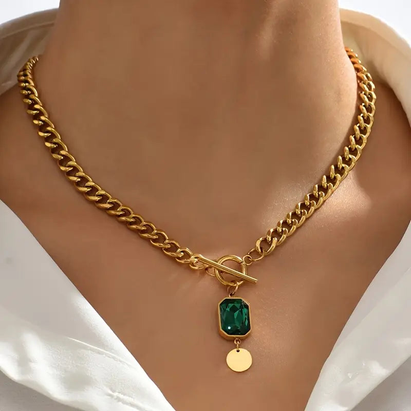 Althea Gold Chain Necklace with Green Crystal Pendant