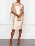 Elena - Apricot mesh shawl satin fitted midi dress