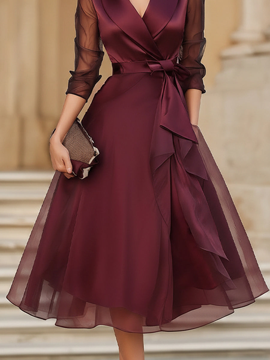 Freya - Elegant Wrap Midi Dress With Sheer Sleeves